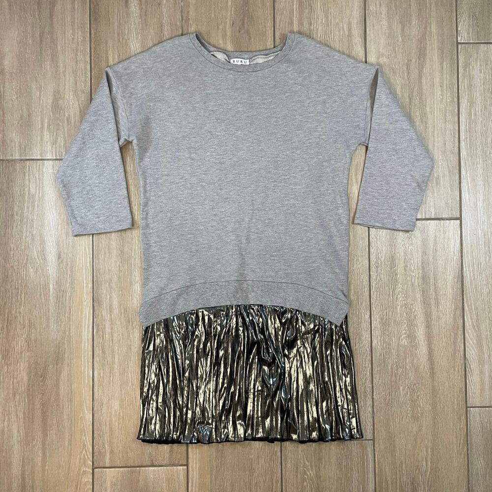 Buru Gray Sweatshirt Dress Metallic Pleated Hem Shift Long Sleeve Midi L Style